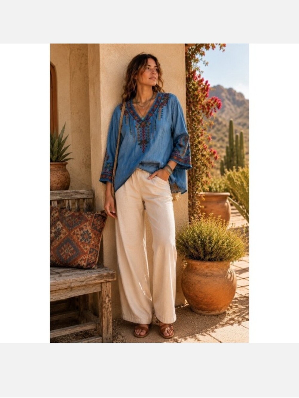 Reba Light Blue Embroidered V-Neck Tunic
